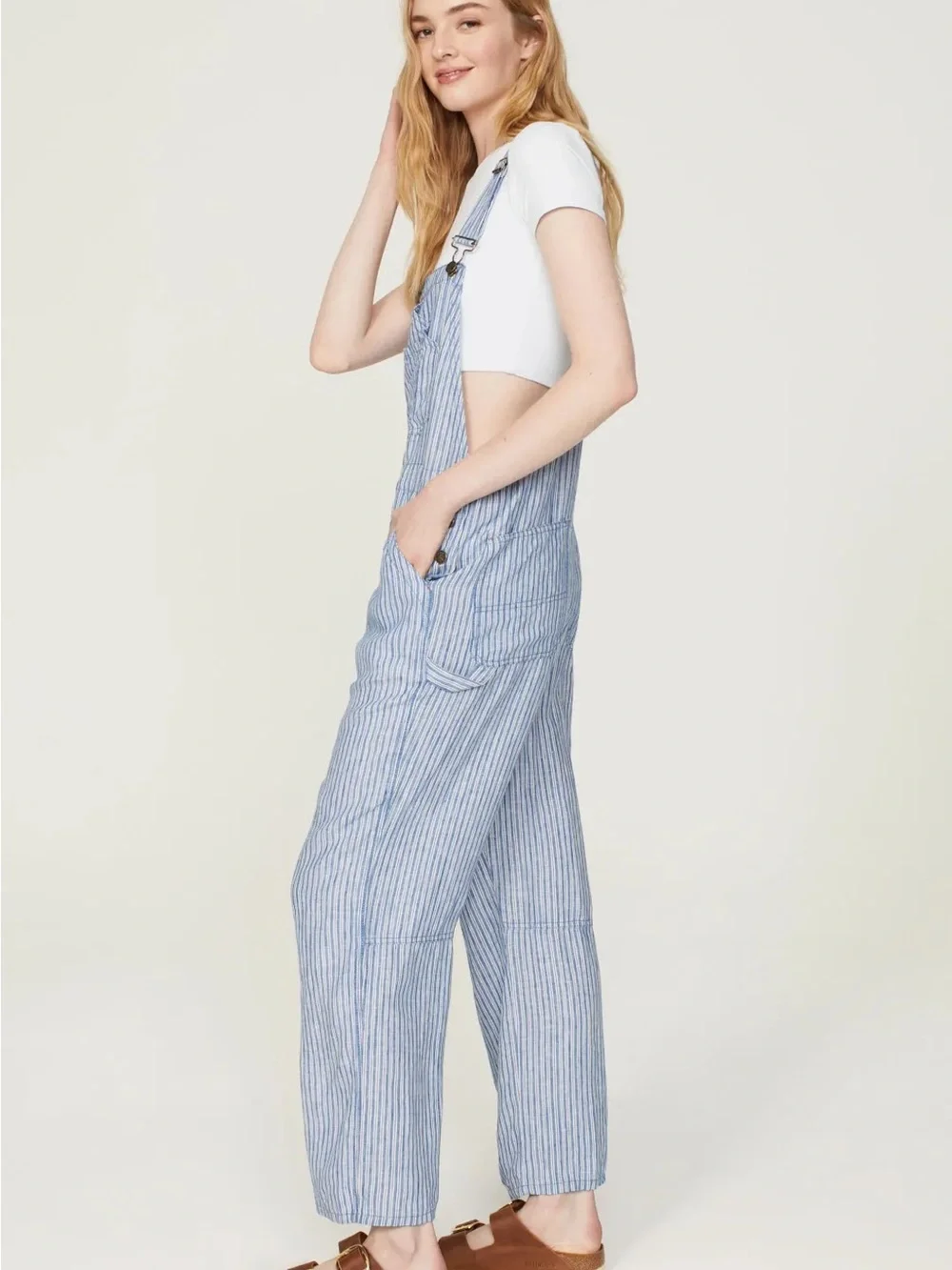 Faherty Blue & White linen railroad stripe Overalls - Picture 5 of 10